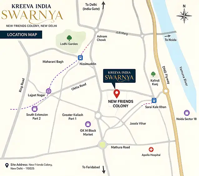 Kreeva Swaranaya location map - New Friends Colony, Delhi connectivity to Mathura Road, Ring Road and DND Flyway
